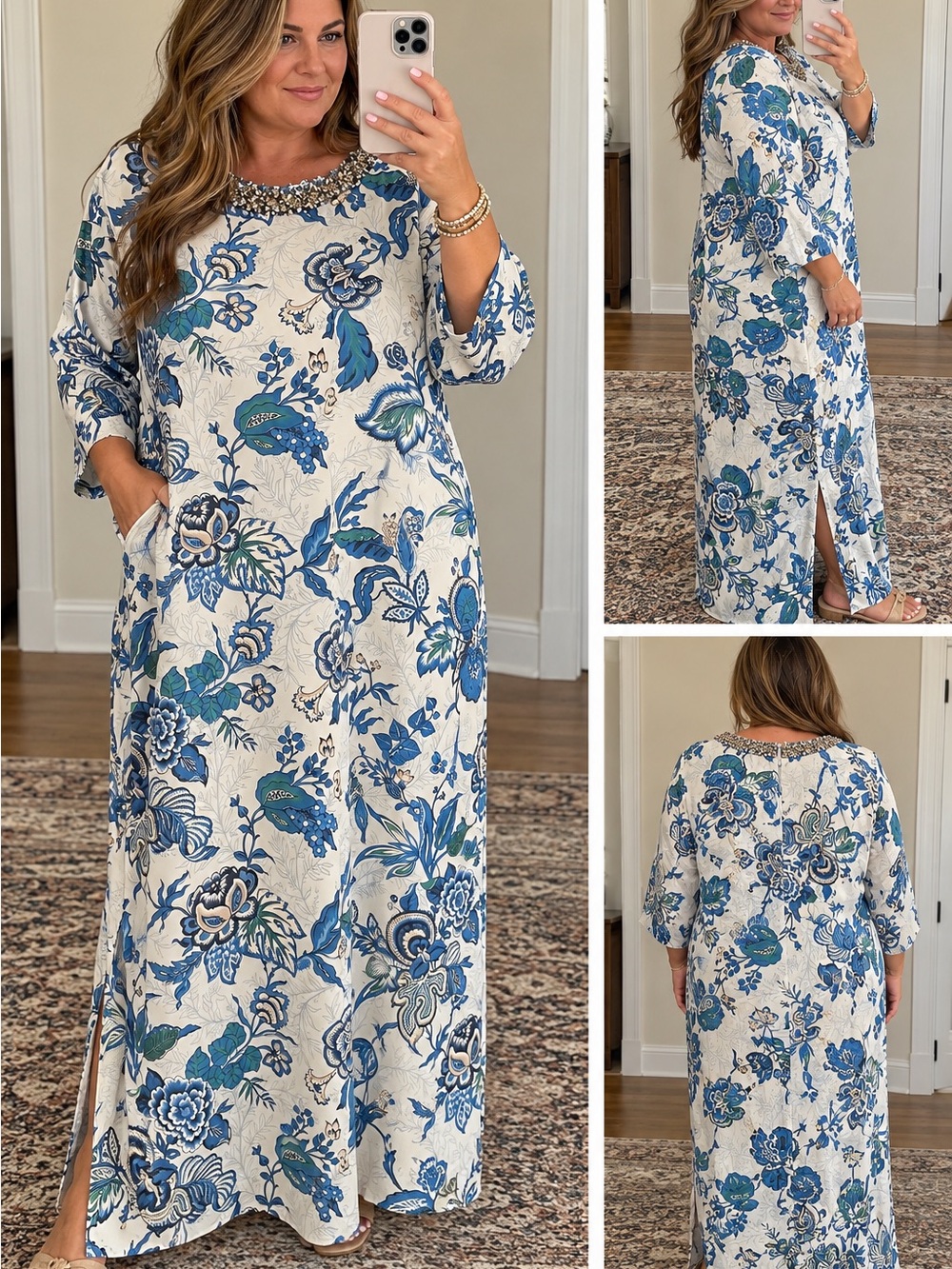 Tuckernuck Blue Floral Maxi Dress with Embellished Neckline